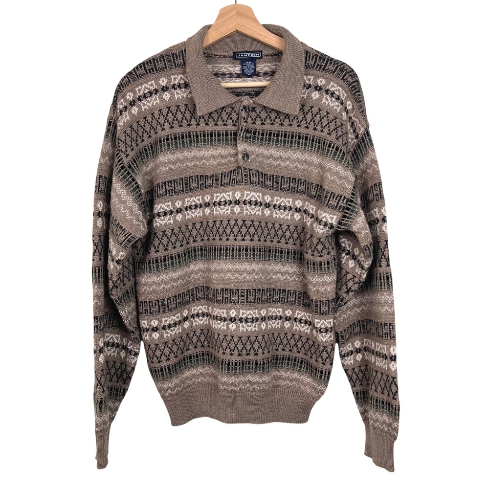 Vintage 90s‎ Jantzen Mens Brown Geometric Stripe Knit Polo Sweater Medium